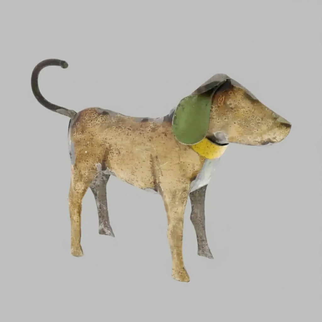 Reclaimed metal dogs figurine with green ears, curled tail, and yellow collar
