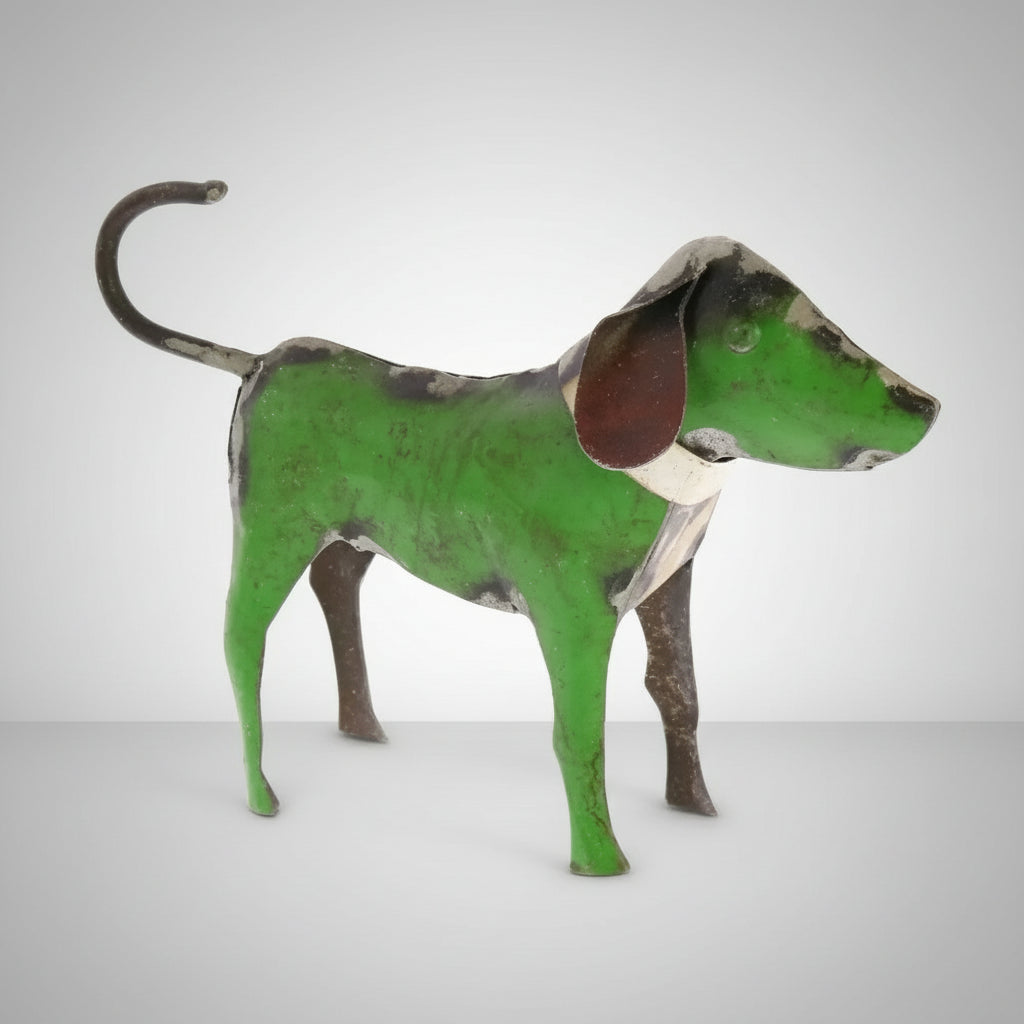 Green reclaimed metal dog sculpture with brown ears and white collar for Reclaimed Metal Dogs collection