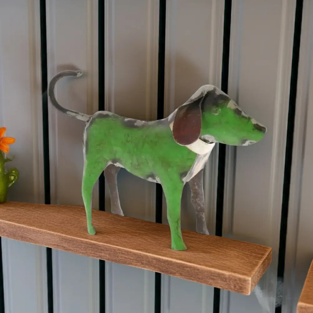 Colorful reclaimed metal dogs figurine in green white and brown for unique decor