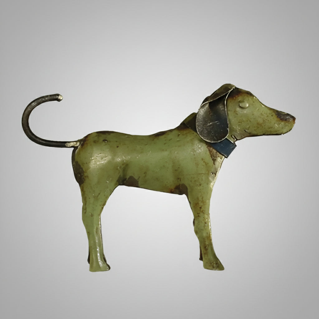 Antique-style olive green reclaimed metal dog figurine with black collar and curled tail