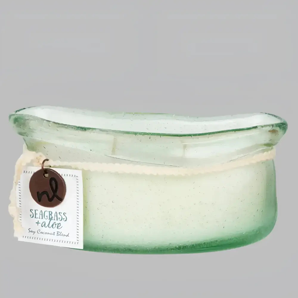 Seagrass and aloe scented soy coconut blend candle in green glass dish for Refuge Gift Set