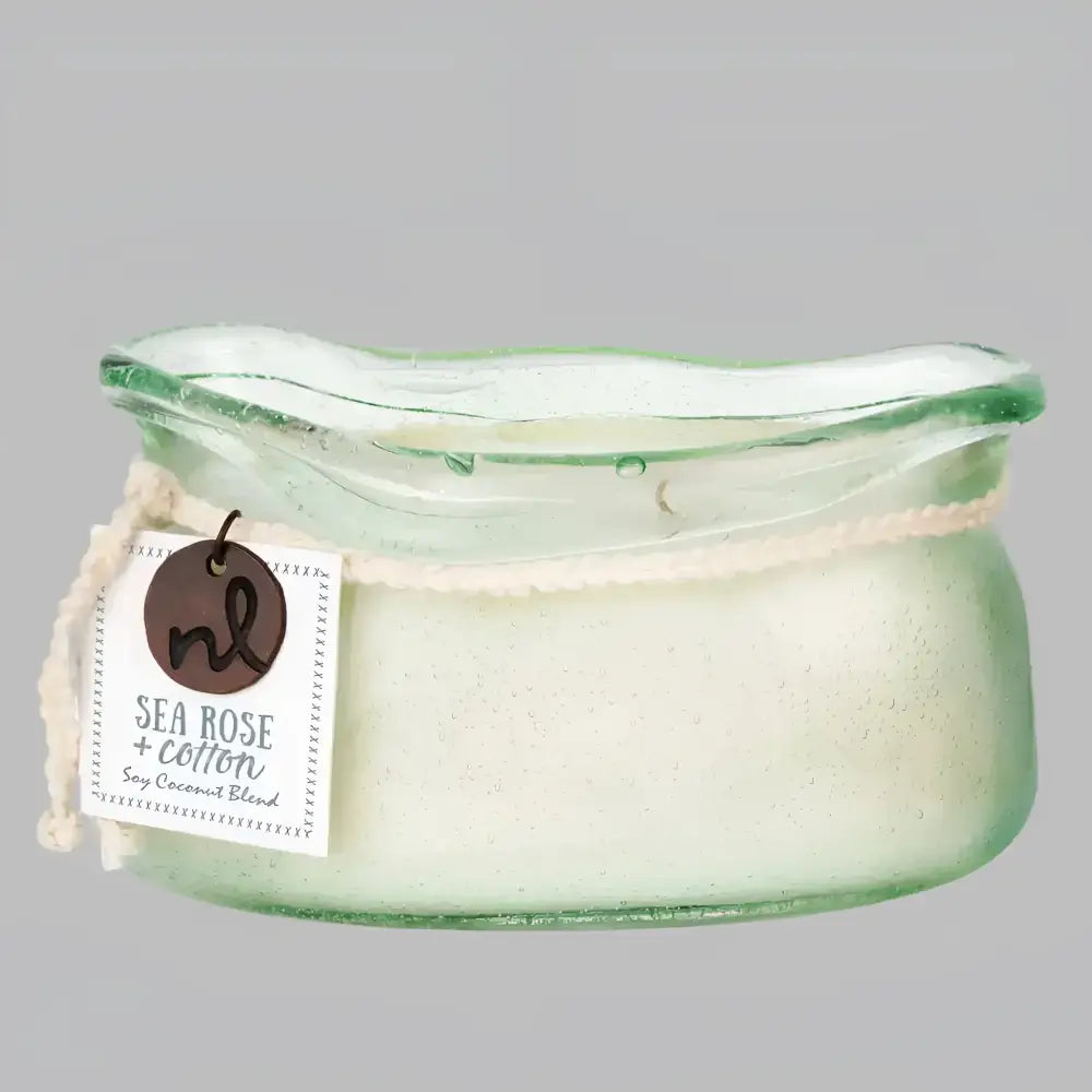 Soy coconut blend candle in recycled green jar from Refuge Handloomed Sea Rose Gift Set