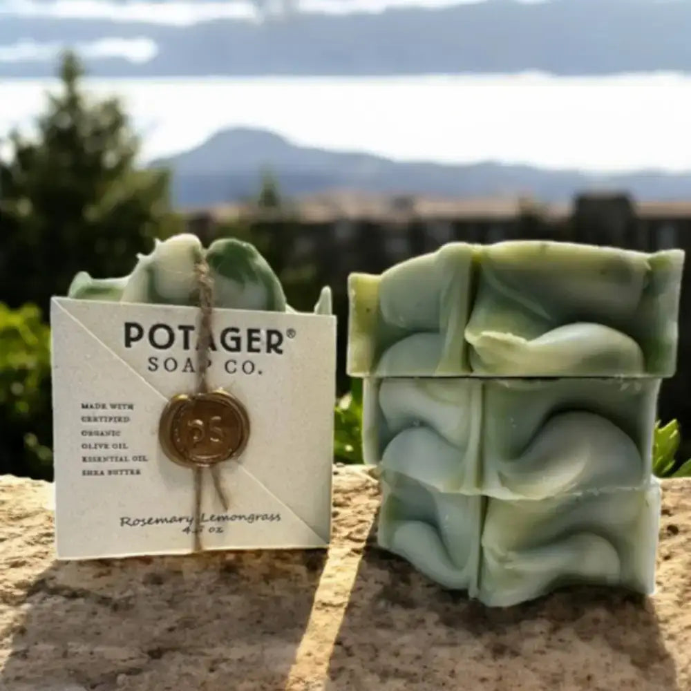 Green and white Rosemary Lemongrass Soap Bar with lemongrass essential oils and potager vibe