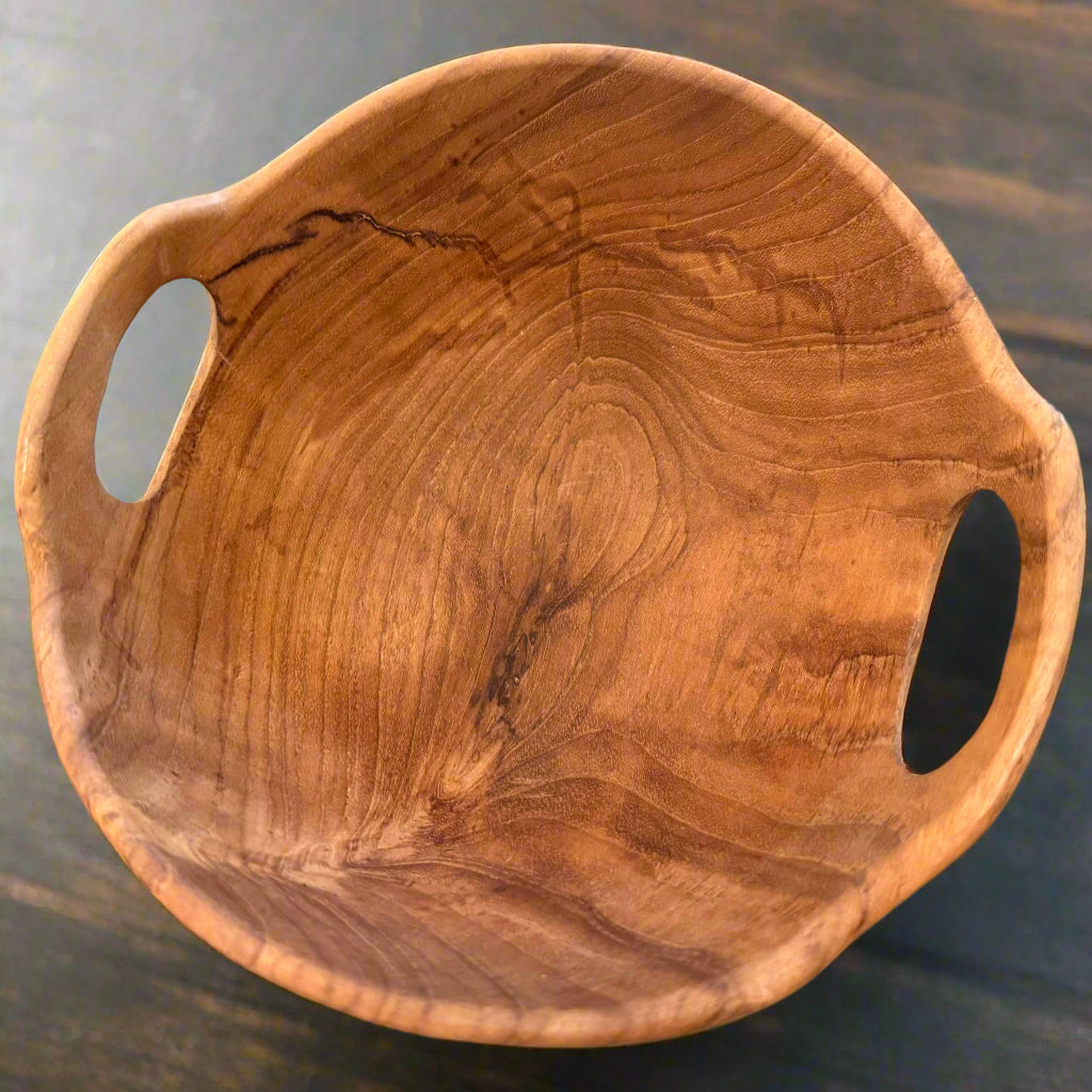 Rustic Teak Bowl with Handles on a wooden table