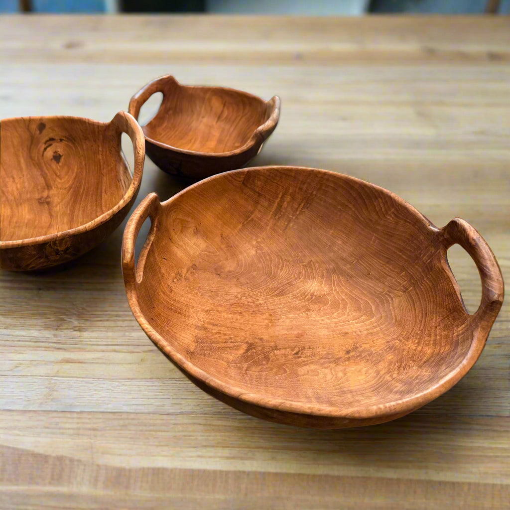 Rustic Teak Bowl with Handles set of three on table