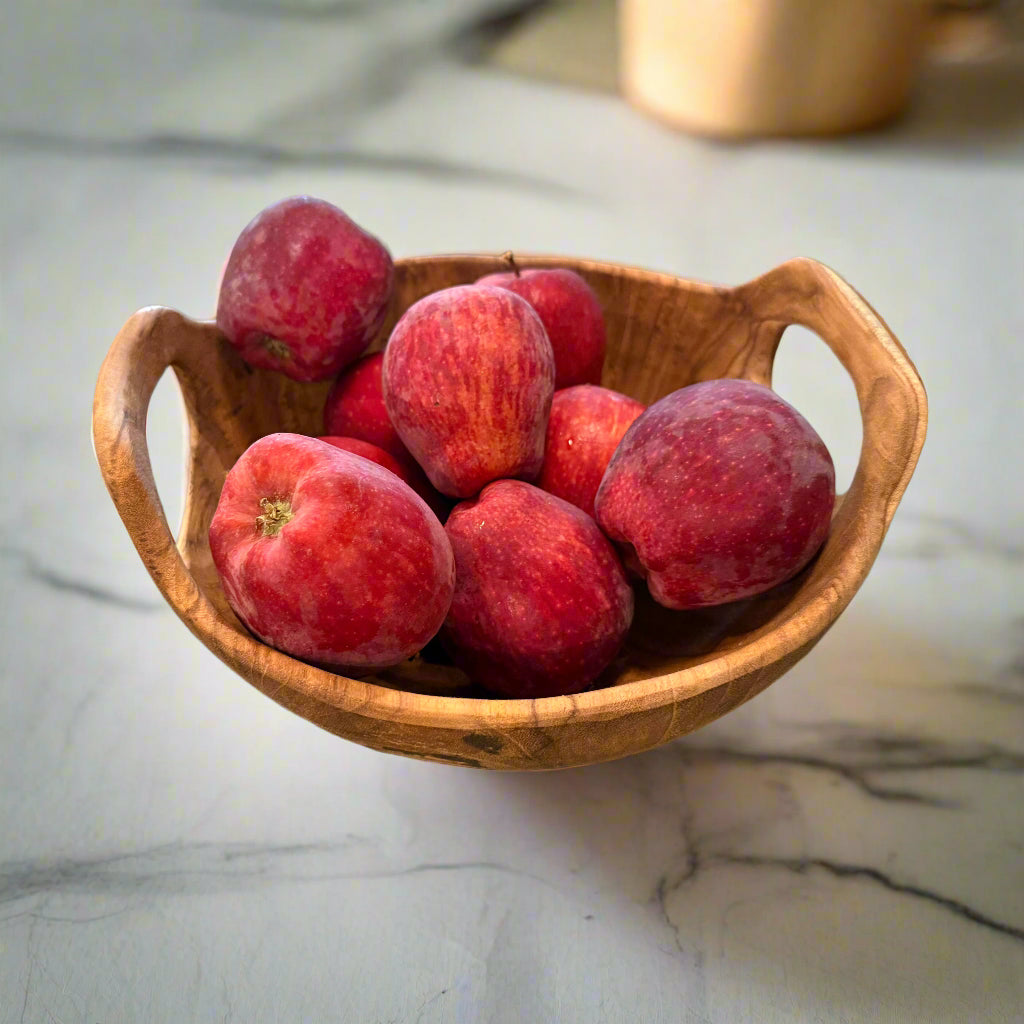 Rustic Teak Bowl with Handles 10 filled with apples