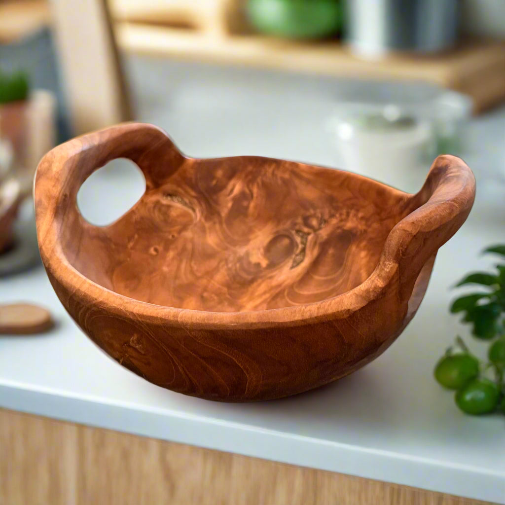 Rustic Teak Bowl with Handles on edge of white counter