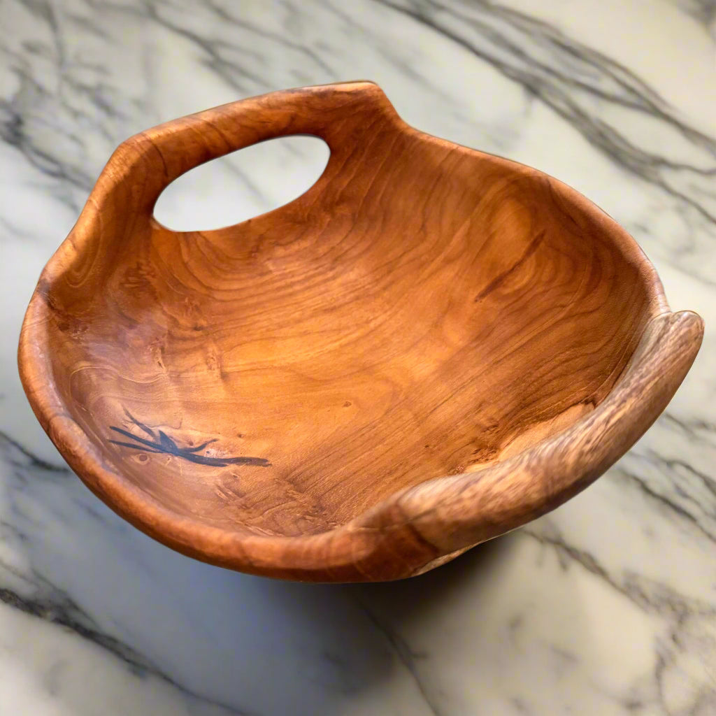 Rustic Teak Bowl with Handles on a marble counter