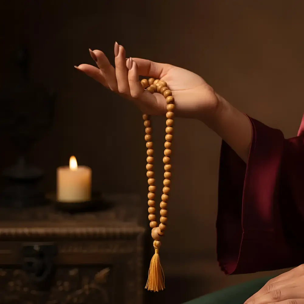 A hand holds a string of smooth light brown sustainably sourced sandalwood mala beads with a cotton tassel