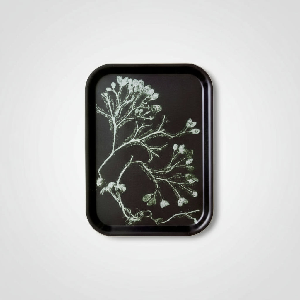 Black rectangular birch wood tray with seaweed branch design for charming small tray decor