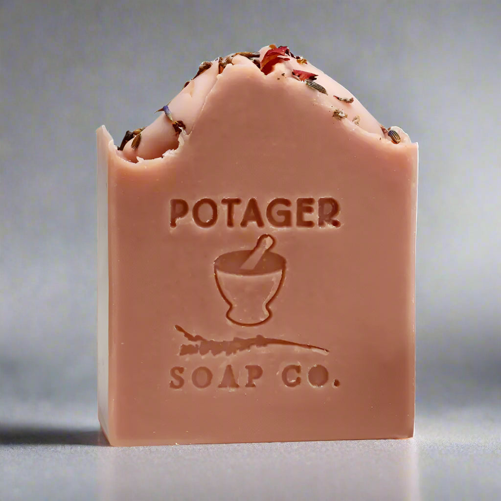 Artisan pink Secret Garden Soap with dried flowers and herbs from Potager’s Secret Garden Wild Earth