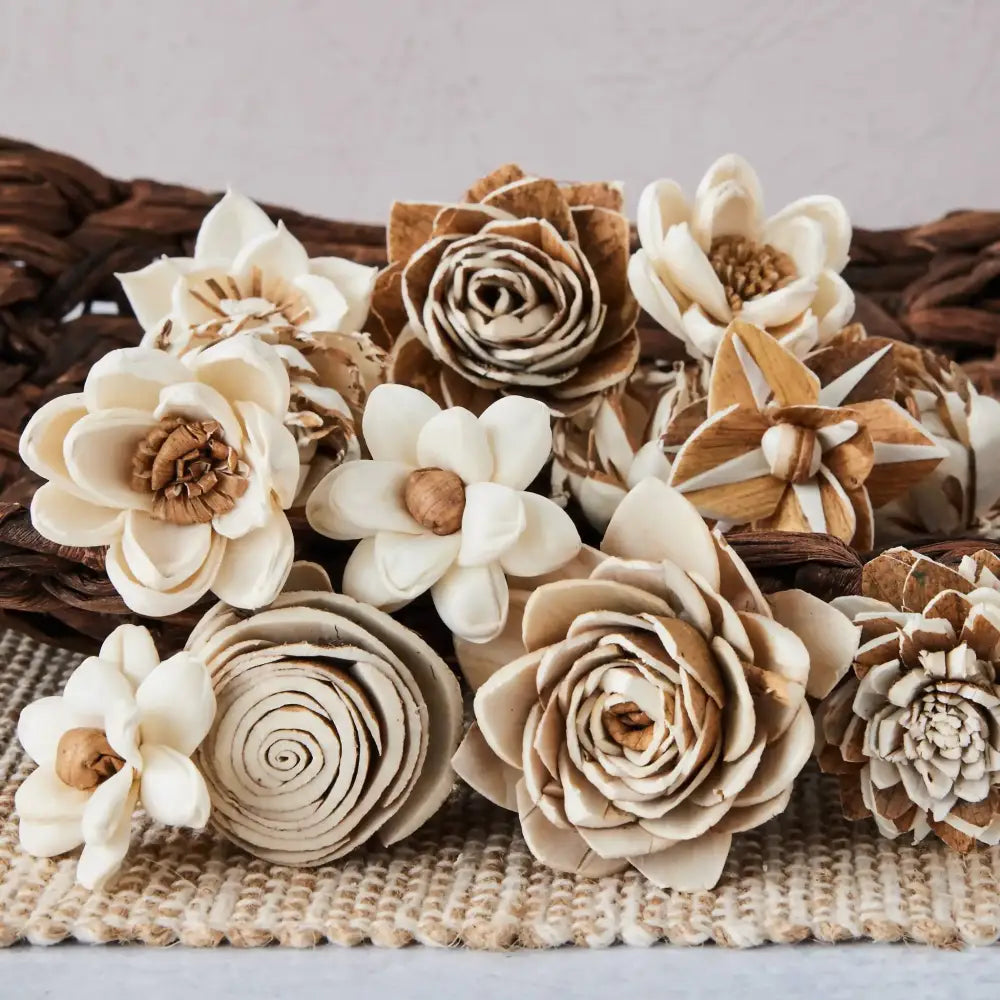 Neutral-toned sola wood flowers in bark sola and wood flower assortment set