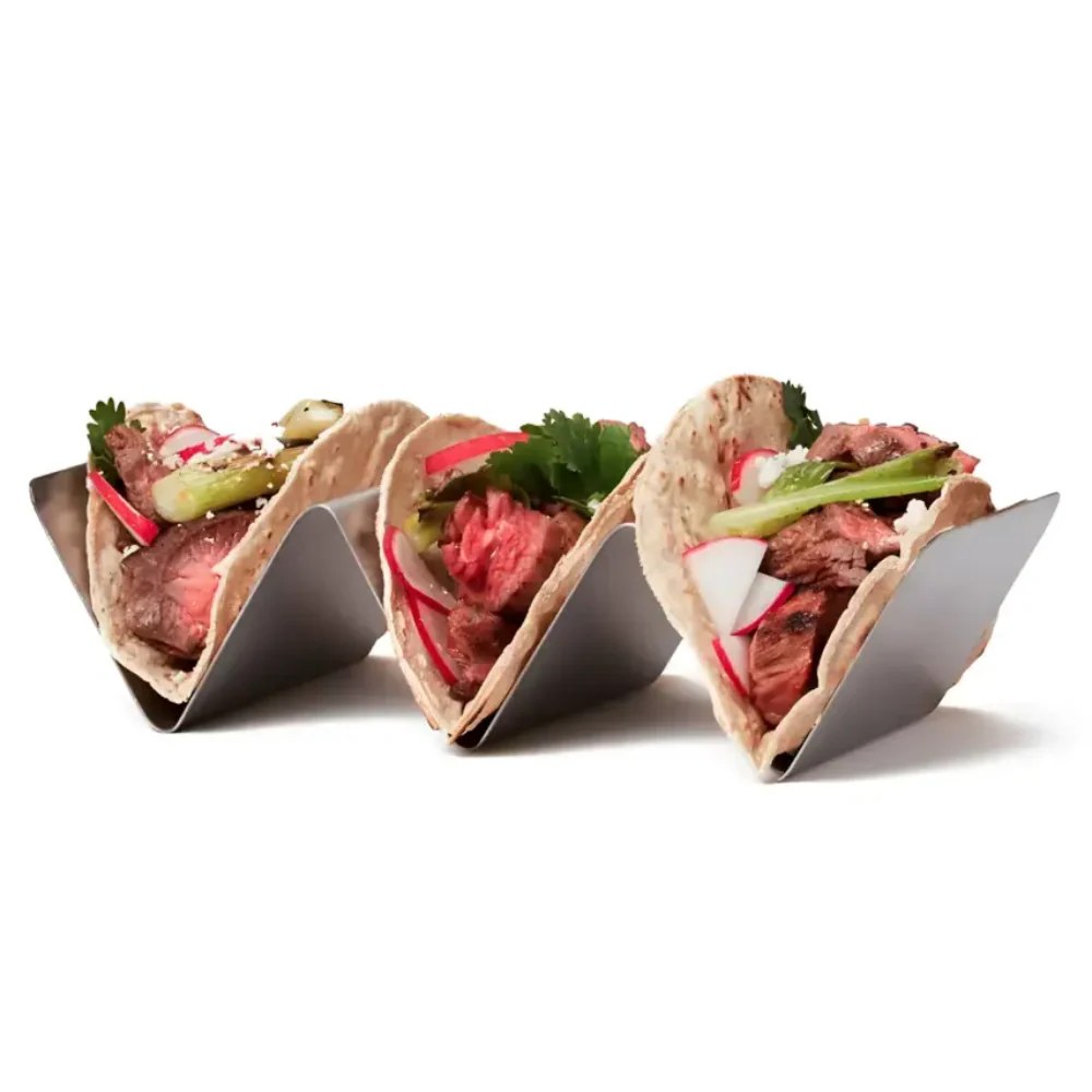 Stainless Steel Upright Taco Rack filled with tacos on a white background