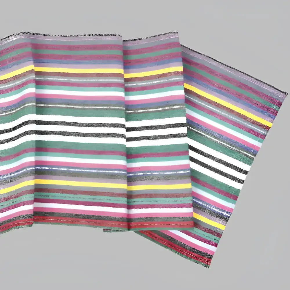 Colorful striped handwoven cotton table runner with green, white, black, red, yellow, gray
