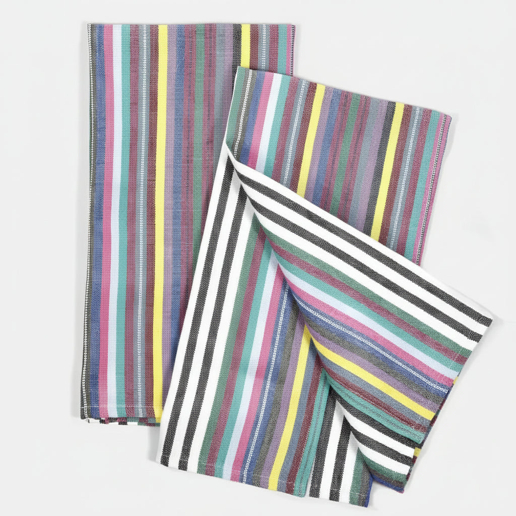 Colorful striped handwoven kitchen towel set with practical twill loop for easy drying