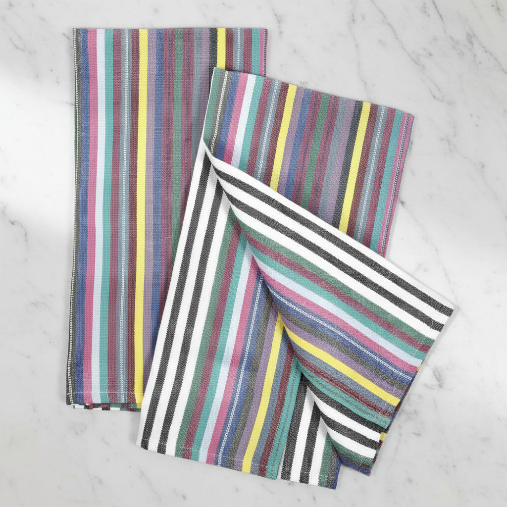 Colorful striped handwoven kitchen towel set with practical twill loop for easy drying