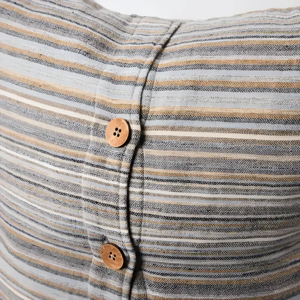 Striped throw pillow with wooden buttons on olive green linen cotton pillow cover