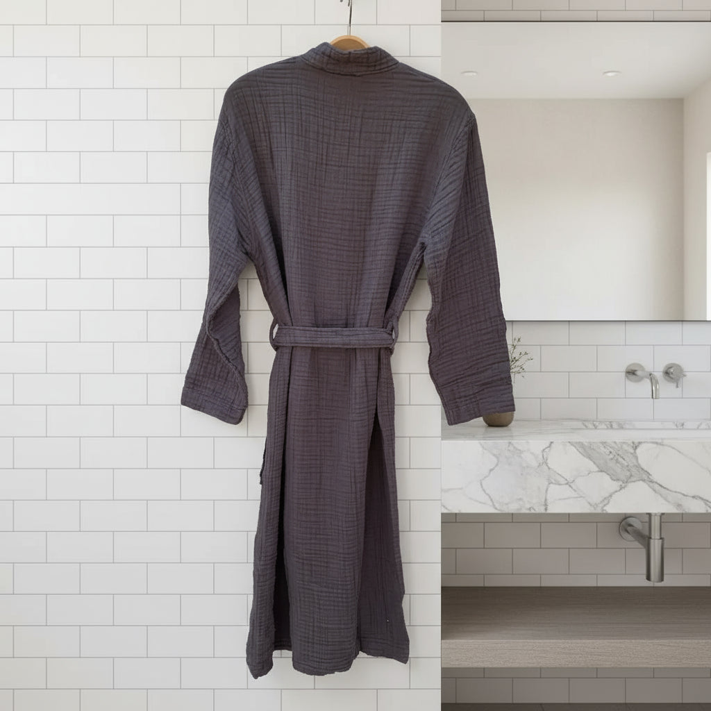Dark gray waffle-knit muslin cotton robe with tie belt made from premium Turkish cotton