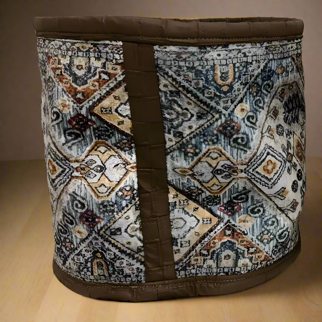 Authentic Turkish rug basket with patterned fabric, faux leather trim, perfect for Turkish rug remnants