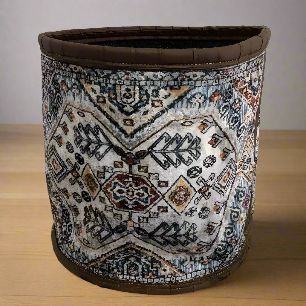 Authentic Turkish Rug Basket with distressed Turkish rug remnants and faux leather trim