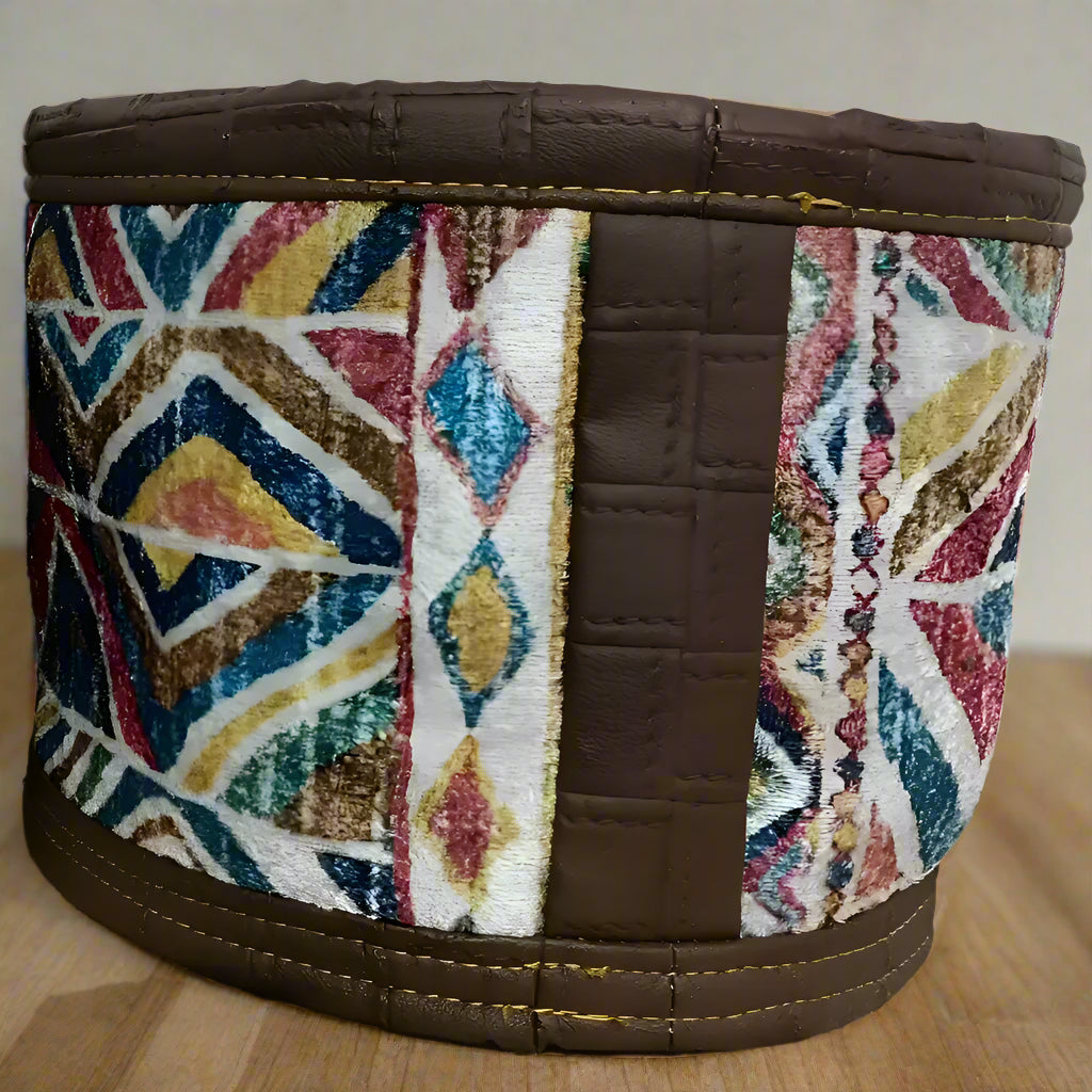 Authentic Turkish rug basket with colorful geometric fabric and faux leather accents for plants