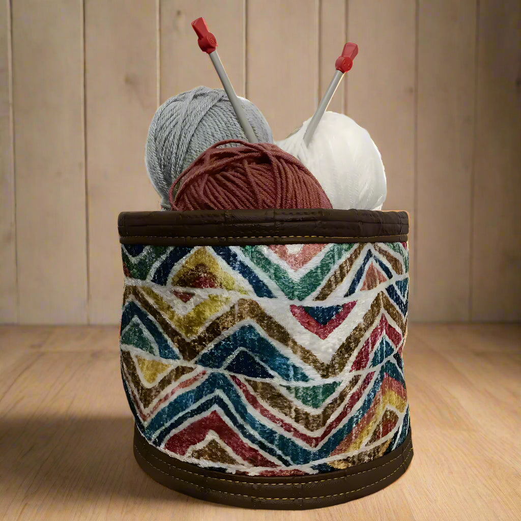 Colorful yarn basket with knitting needles, authentic Turkish rug-inspired plant basket