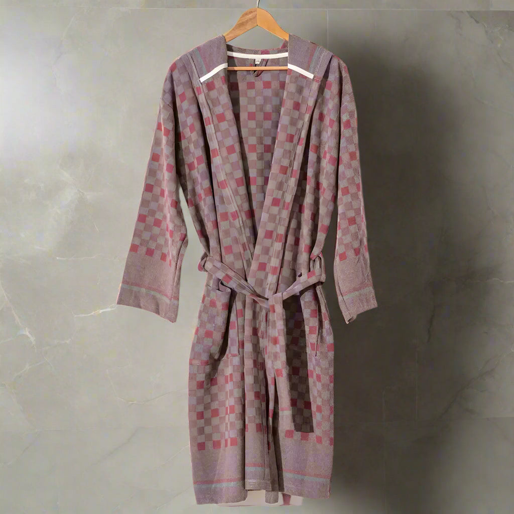 Hooded checkered Turkish towel texture kimono robe for cozy Turkish bathrobe style