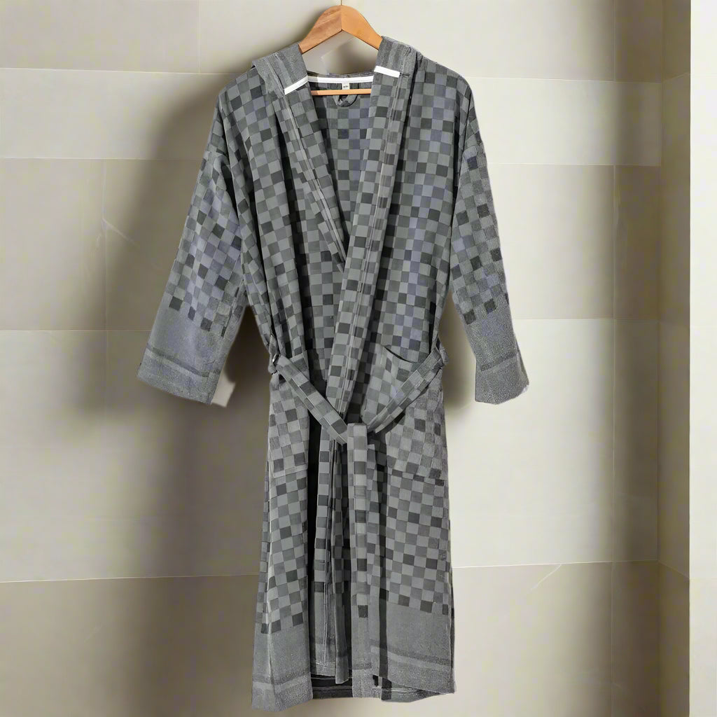 Hooded grey Turkish towel texture kimono robe with checkered pattern and tie belt