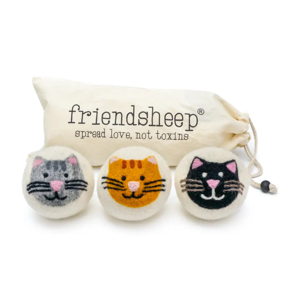 Three cute house cats eco dryer balls in orange, grey, black wool