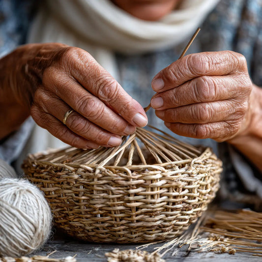 Rookery Home ethical home goods woven straw basket with intricate natural design