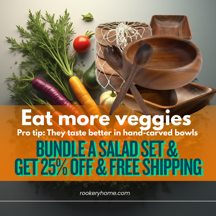 Set of four Acacia wood salad bowls with rich brown tones and natural grain.