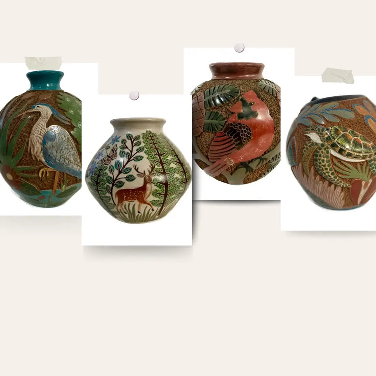 Decorative ceramic vases with wildlife designs from Nicaragua’s Carved Clay Vases collection