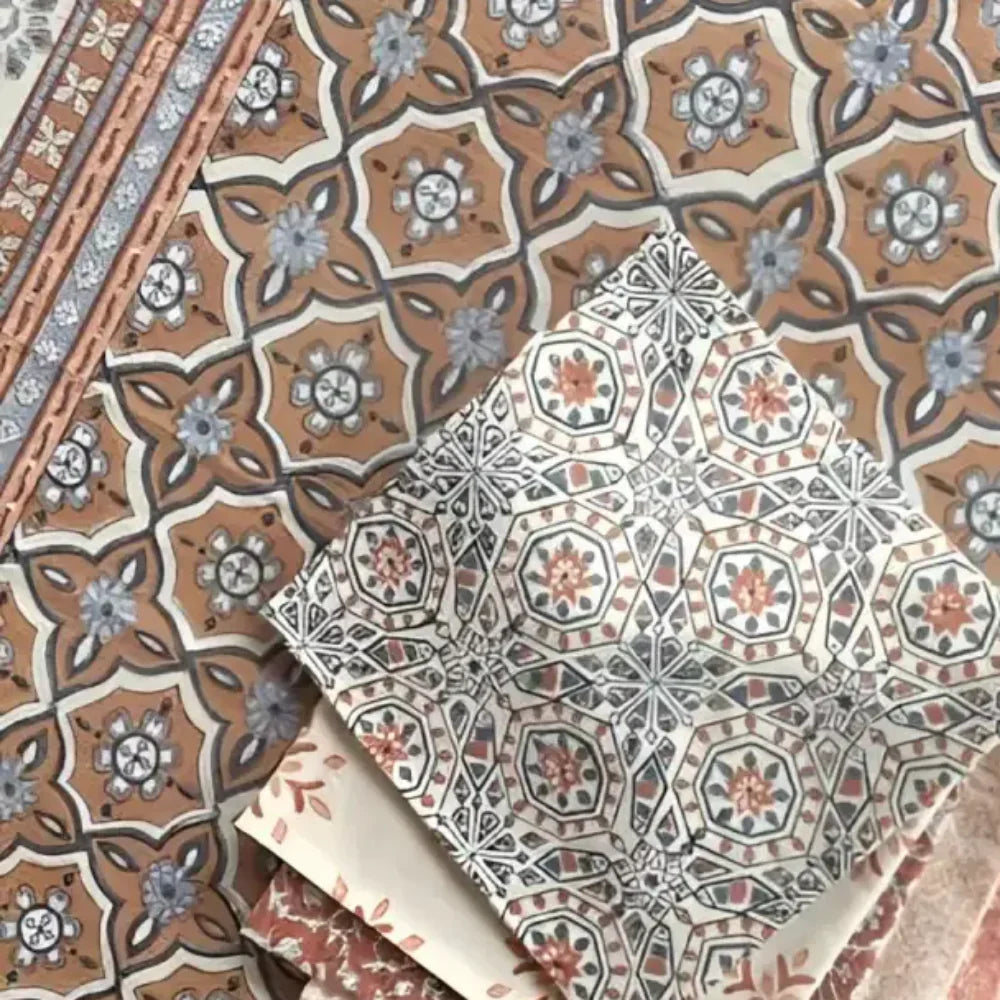 Brown and white floral mosaic hand block print table throw