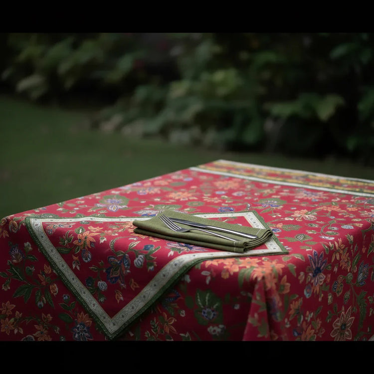 Red floral tablecloth with silver trim and napkin holder