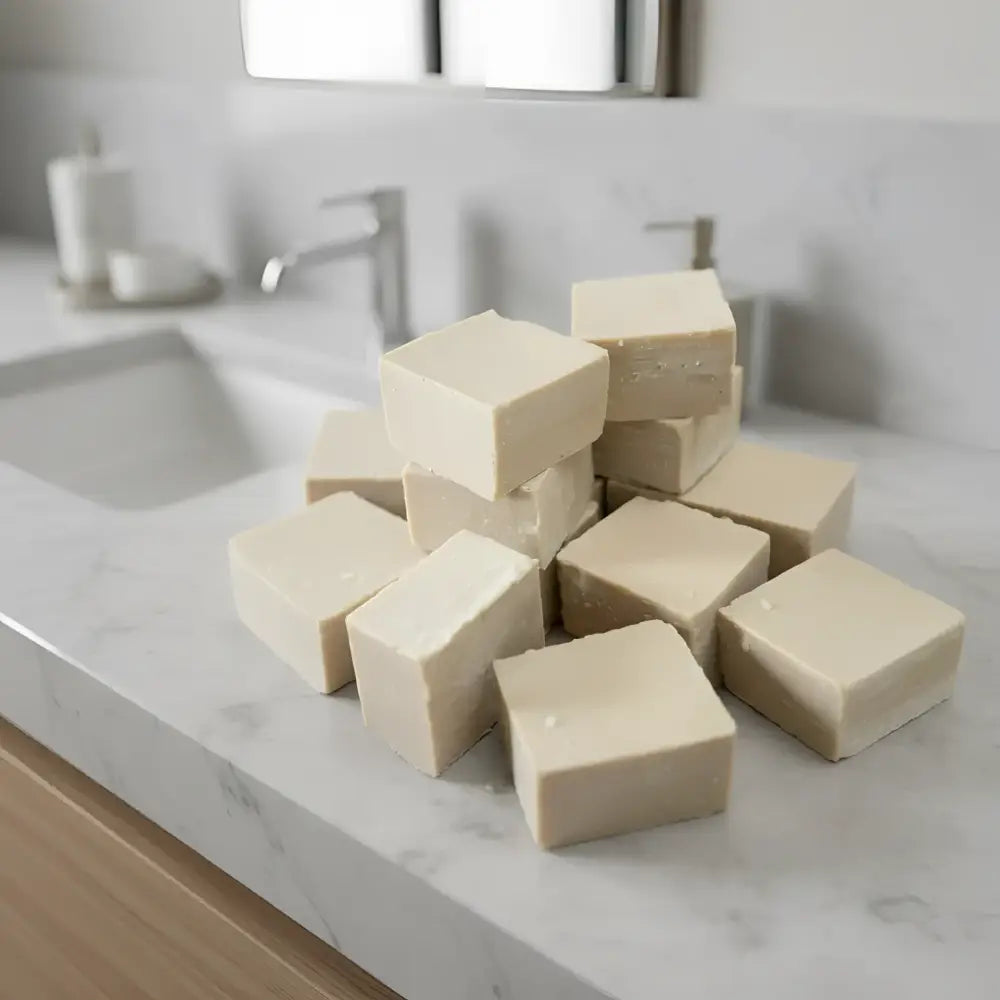 Light brown soap bar with white top and dried lavender sprigs from Handcrafted Artisanal Soaps