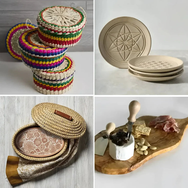Collage of handcrafted home goods and food items for a curated dining table collection