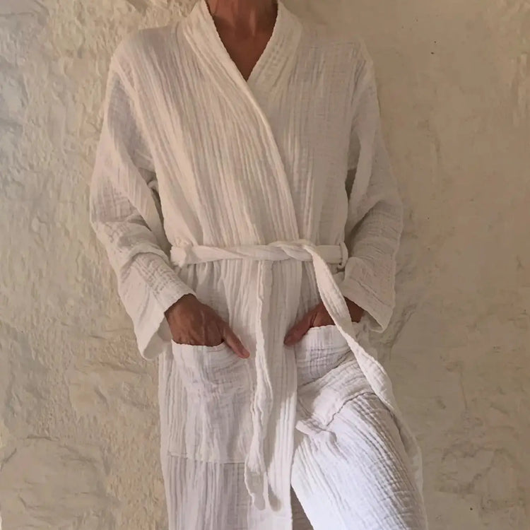 White textured cotton robe with tie waist and pockets from Luxury Robes and Poolside Cover-Ups