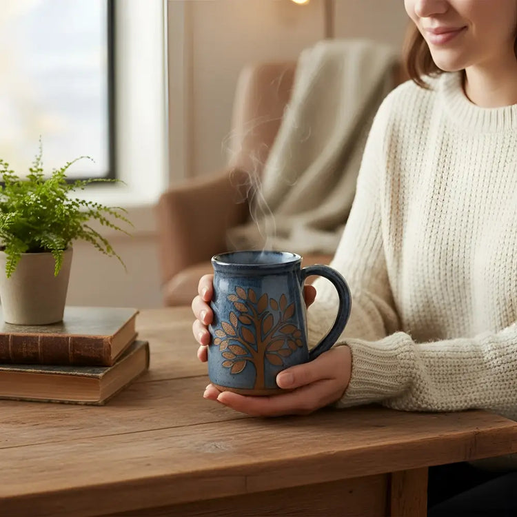 Blue and gold floral matte ceramic mug in Morning Gift Basket Ideas