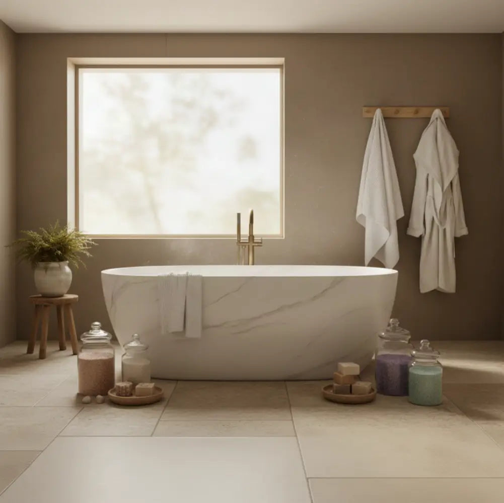 A freestanding oval bathtub with a white marble-look surface and gold faucet, styled in a warm beige bathroom with white towels hanging on a wooden rack, bath salts in glass jars, and a small plant on a stool.