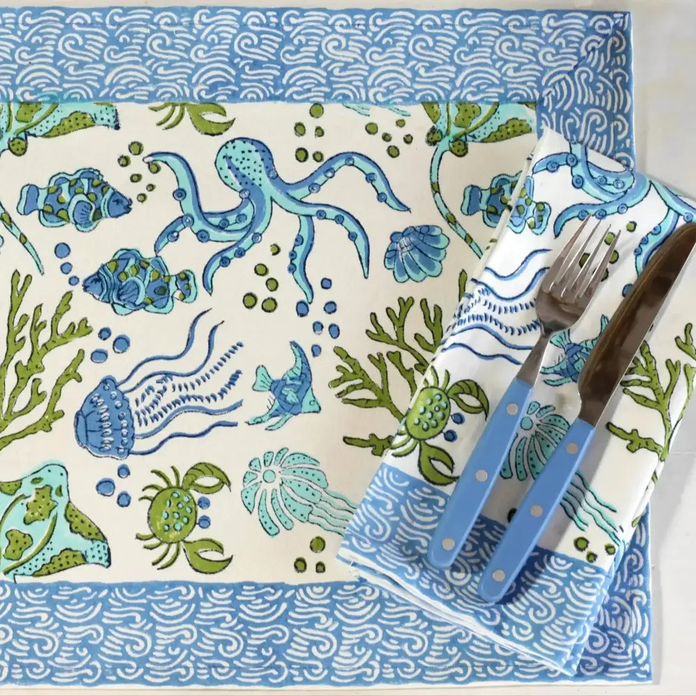 Ocean-themed placemat and napkin set with cutlery from Sea Life Table Collection