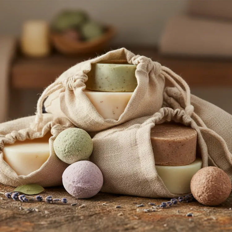 Natural textured soap bars and bath bombs in linen bags for Spa Day Vibes
