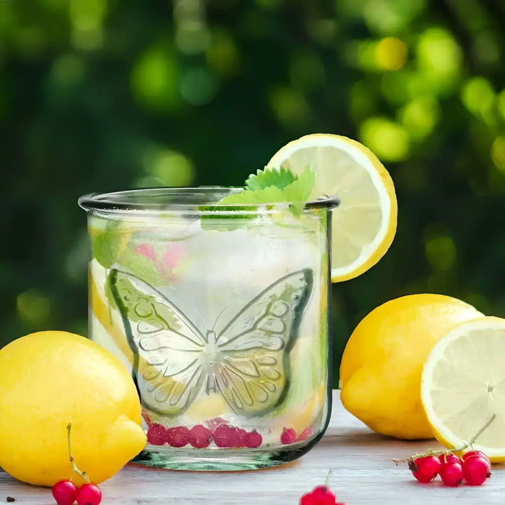 10 oz Classico Butterfly tumbler with recycled glass, etched butterfly, iced lemon-mint drink