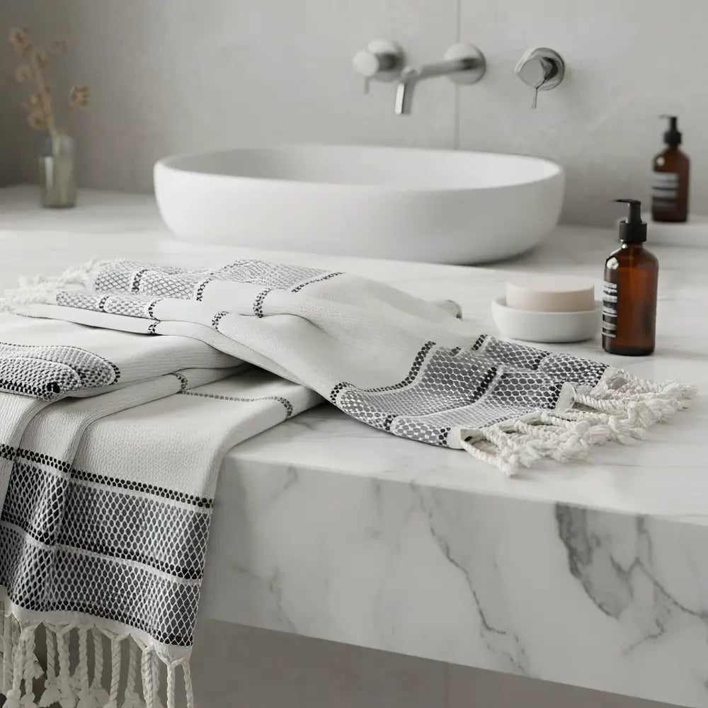 White and gray 100% linen hand towel osprey with black geometric design and fringed edges turkish linen towel