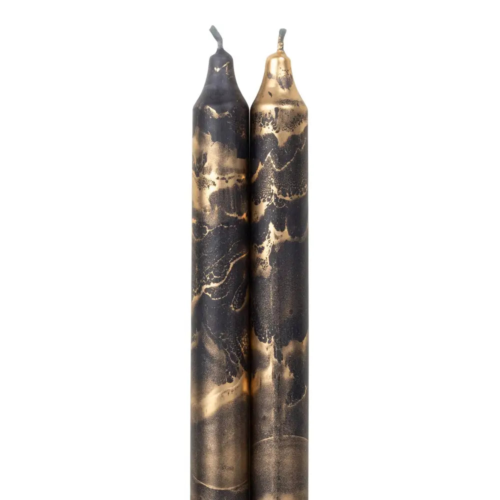 12-inch gold swirl decorative taper candles with black and gold marbled design