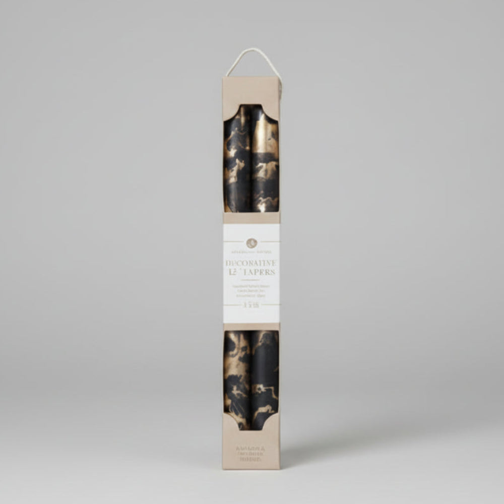 Elegant 12’’ gold swirl decorative taper candles in marble-patterned box