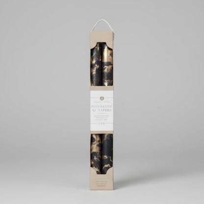 Elegant 12’’ gold swirl decorative taper candles in marble-patterned box