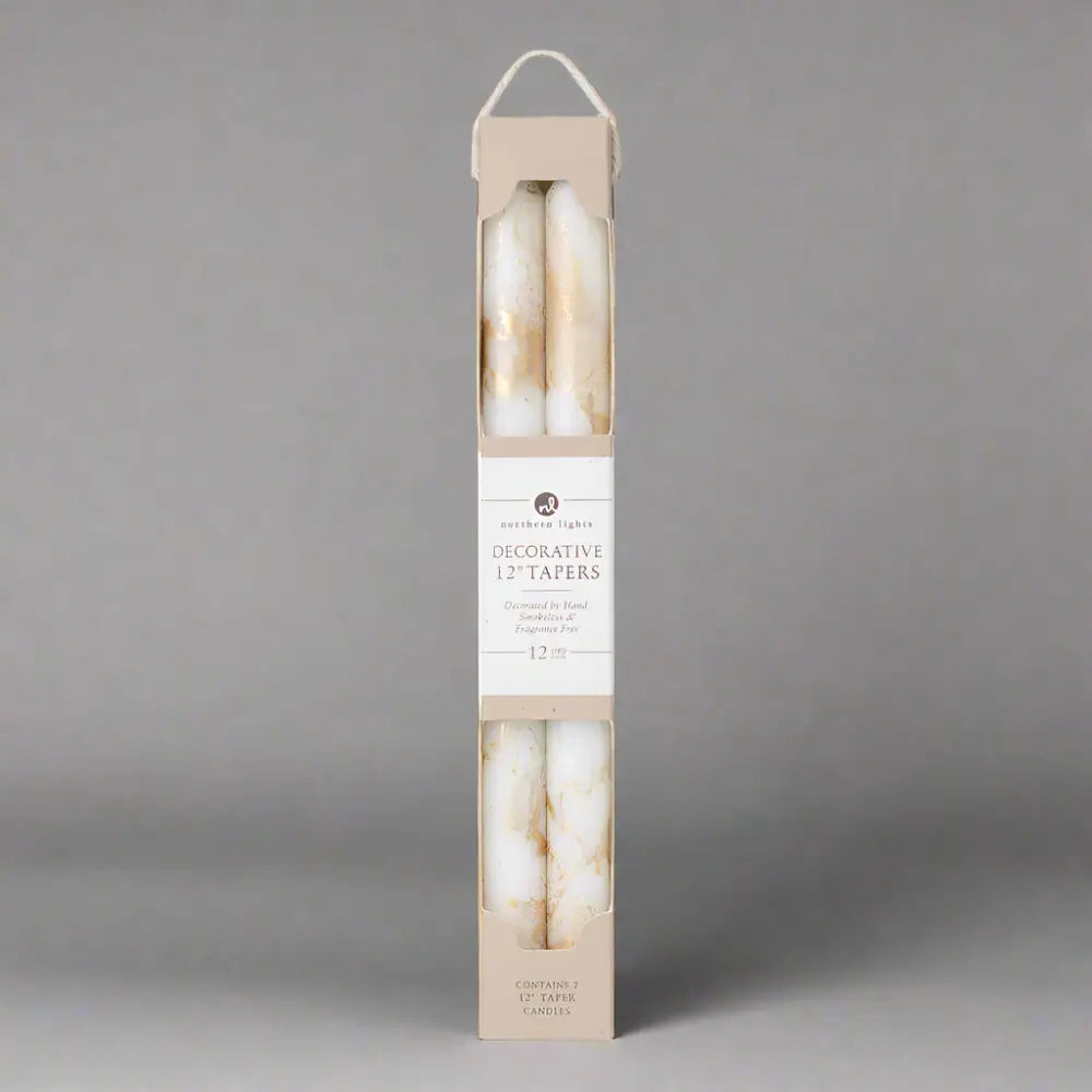 12’’ Decorative Taper Candles 2pk Pure White w/ Gold with white background