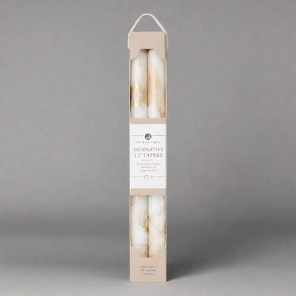 12’’ Decorative Taper Candles 2pk Pure White w/ Gold with white background