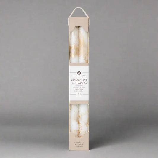 12’’ Decorative Taper Candles 2pk Pure White w/ Gold with white background