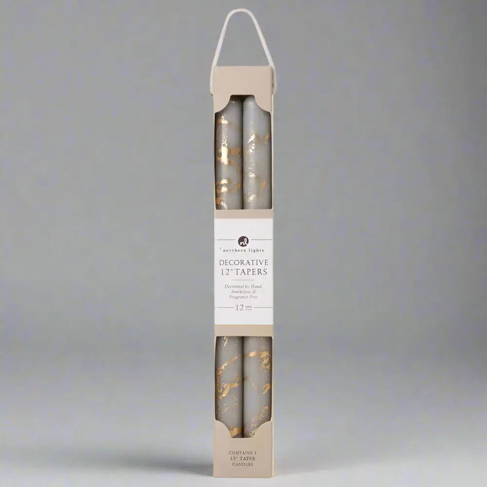 12’’ Decorative Taper Candles 2pk Stone w/ Gold in package with white background